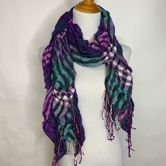 Purple Green Plaid Scarf Fringe Ruched - Picture 1 of 2